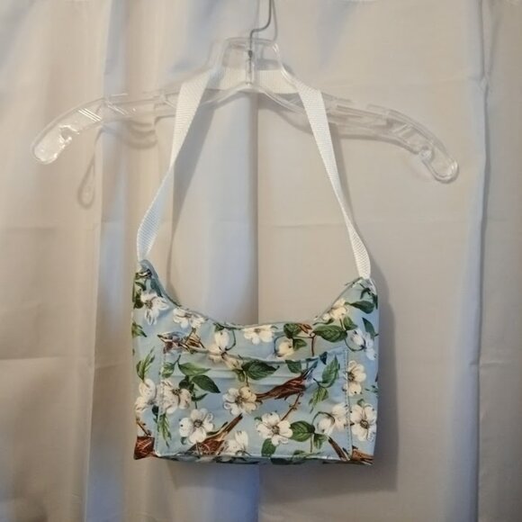 New Floral Birds Top handle Shoulder Bag Purse Blue White Crescent Baguette - Picture 5 of 7